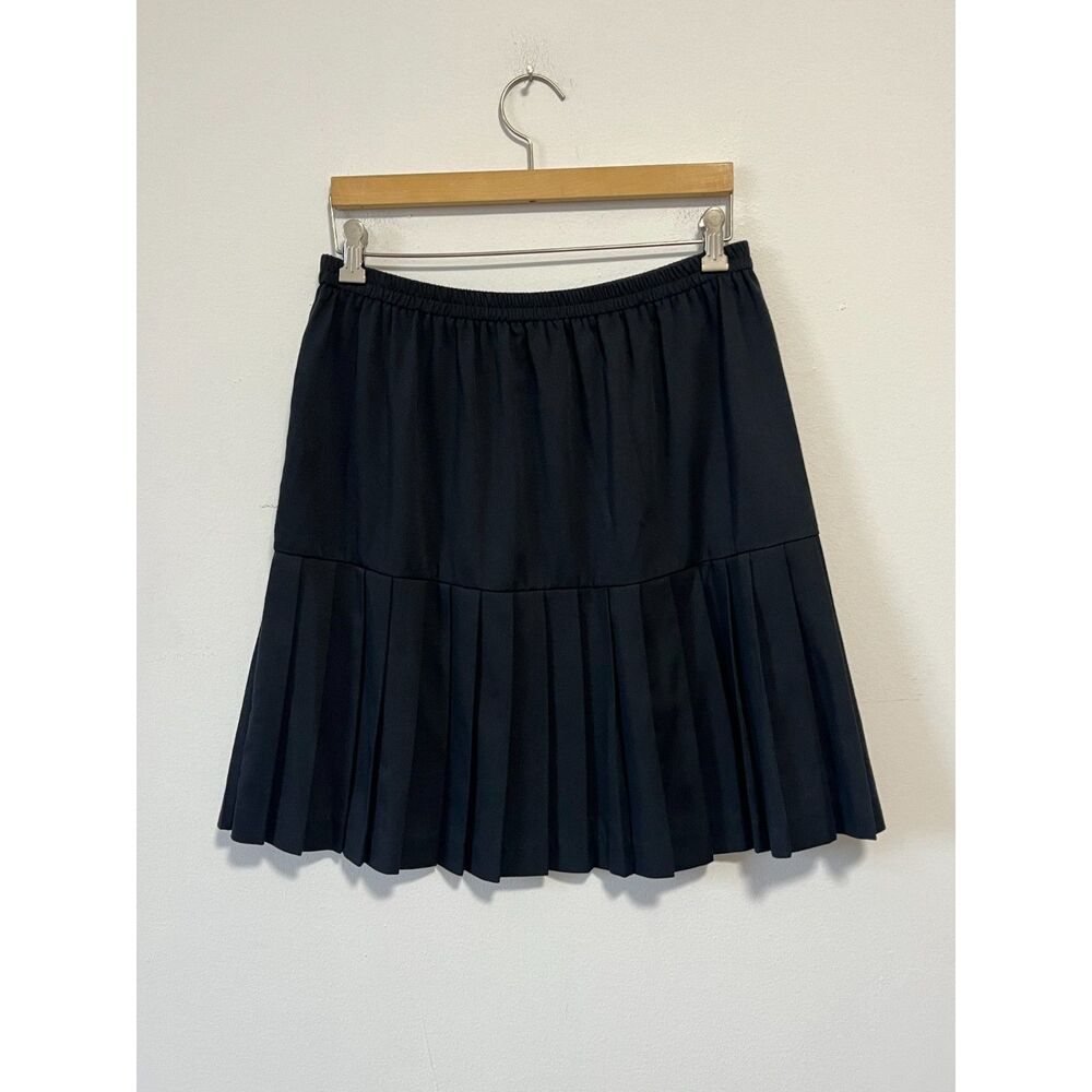 Vintage 80s Black Pleated Hem Midi Skirt Poly Rayon Elastic 28+ Inch Waist